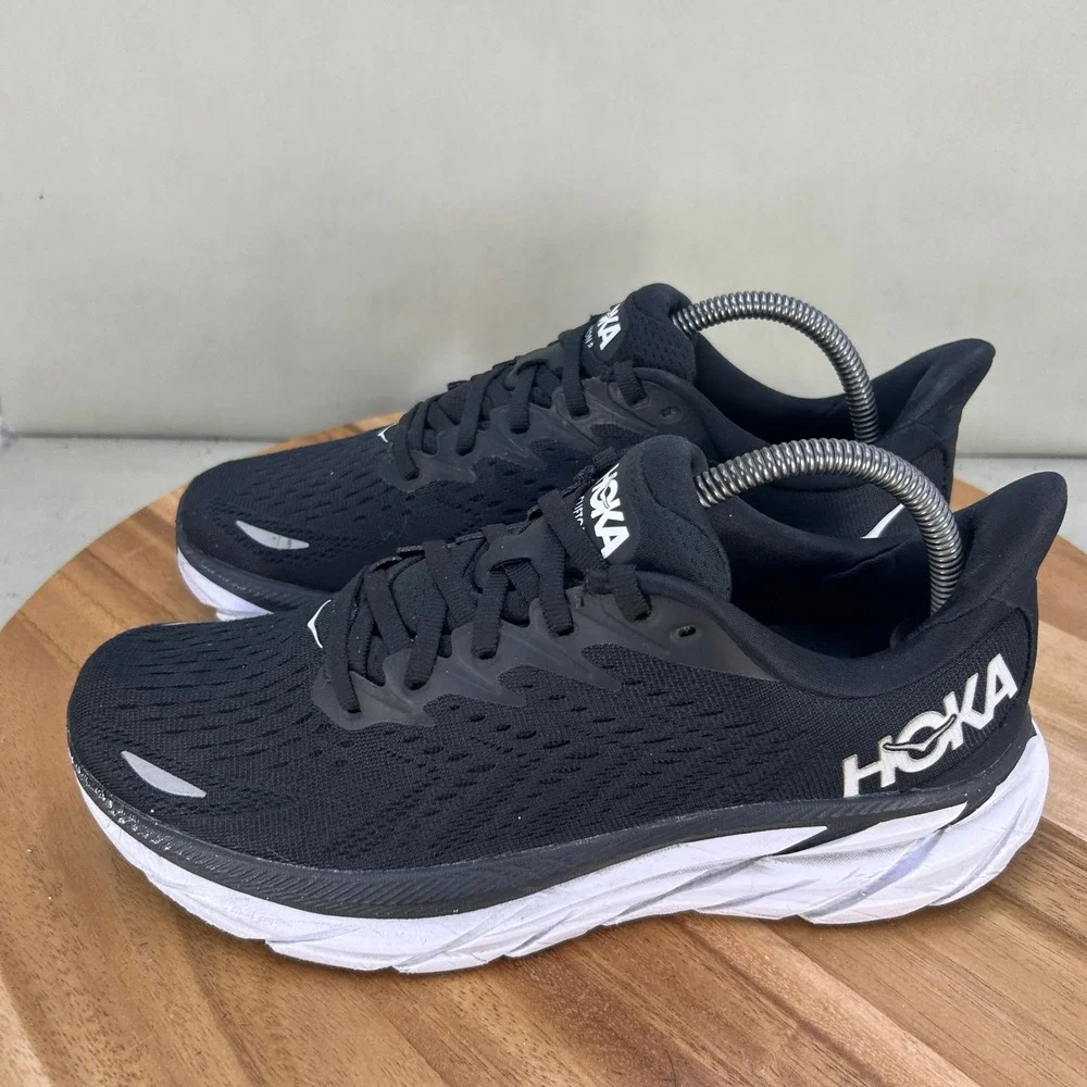 Hoka One One Clifton 8 Black White Running Shoes Womens 9 B Cushioned Walking